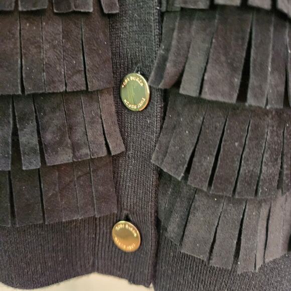 Tory Burch Cardigan Sweater XS Womens Black Merino Wool Leather Fringe Career - Picture 4 of 11